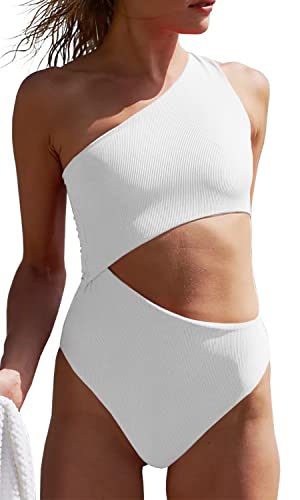 Ebifin Damen Badeanzug Sexy One Shoulder Cutout Bademode Tankini Gerippt Einteilige Bademode Swimsuit Monokini.Weiß.XL von Ebifin