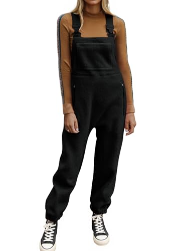 Ebifin Damen Fleece Warm Overalls Winter Lose Casual Jumpsuits mit Taschen, Schwarz, Medium von Ebifin