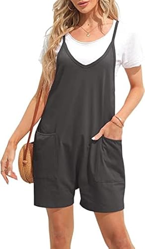 Ebifin Damen Latzhose Kurz Arbeitshose Sommer Lose Overall Jumpsuit Ärmelloser Latzhosen mit Große Taschen.Dunkelgrau.S von Ebifin