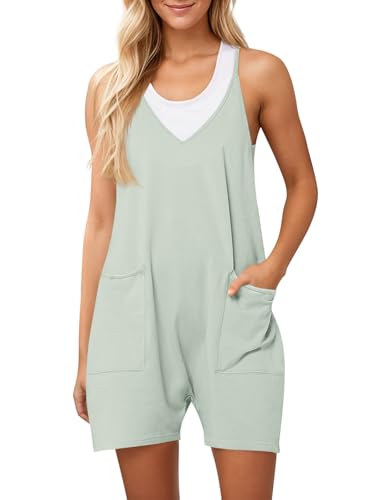Ebifin Damen Latzhose Kurz Arbeitshose Sommer Lose Overall Jumpsuit Ärmelloser Latzhosen mit Große Taschen.Minze.XL von Ebifin