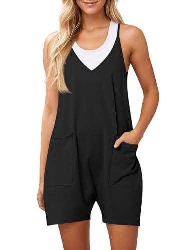 Ebifin Damen Latzhose Kurz Arbeitshose Sommer Lose Overall Jumpsuit Ärmelloser Latzhosen mit Große Taschen.Schwarz.L von Ebifin