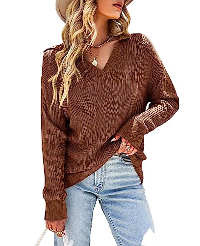 Ebifin Damen Pullover mit V Ausschnitt Langarmshirt Knitted Basic Stretch Sweater Oberteile Strickpullover Sweatshirt.Braun.XXL von Ebifin