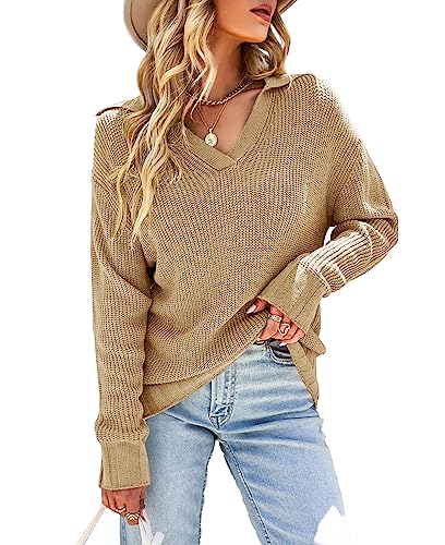 Ebifin Damen Pullover mit V Ausschnitt Langarmshirt Knitted Basic Stretch Sweater Oberteile Strickpullover Sweatshirt.Khaki.L von Ebifin