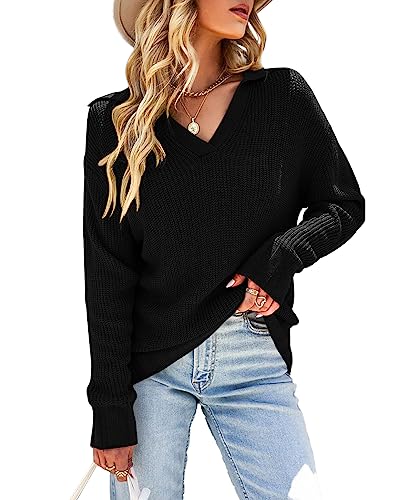 Ebifin Damen Pullover mit V Ausschnitt Langarmshirt Knitted Basic Stretch Sweater Oberteile Strickpullover Sweatshirt.Schwarz.M von Ebifin