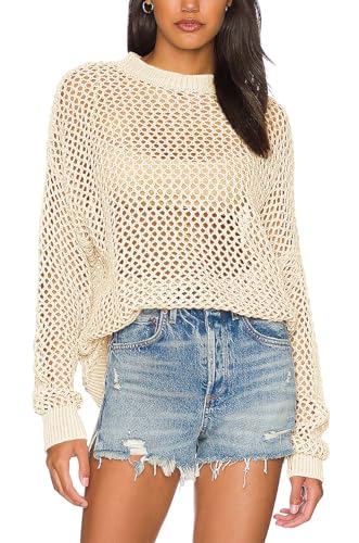 Ebifin Damen Sommer Hollow Out Langarm Häkeln Bikini Badeanzug Strand Cover Up Tunika Top, Beige, Medium von Ebifin