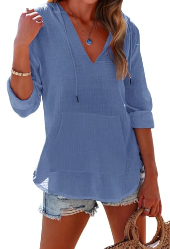 Ebifin Damen Strand Cover Up Shirt Langarm V Ausschnitt Taschen Kapuzenoberteil, blau, Medium von Ebifin