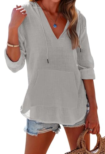 Ebifin Damen Strand Cover Up Shirt Langarm V Ausschnitt Taschen Kapuzenoberteil, grau, Medium von Ebifin