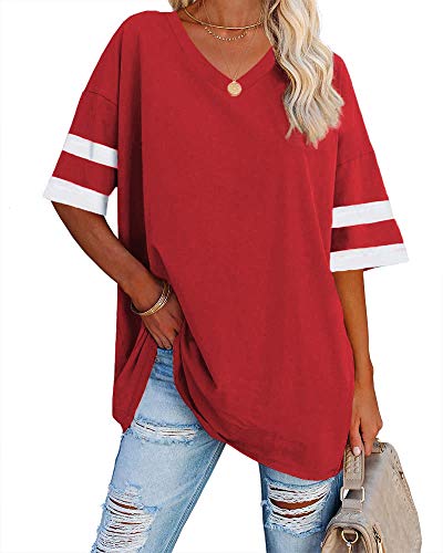 Ebifin Gestreiftes Damen-T-Shirt, V-Ausschnitt, halbe Ärmel, bequem, gemütlich, Baumwolle, Tunika, Tops mit Taschen, 02-rot, XX-Large von Ebifin