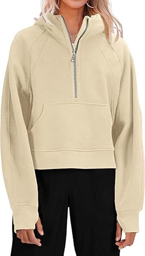 Ebifin Hoodie Damen Kapuzenpullover Half Zip Sweatshirt Langarm Pullover Winter Sweatjacke Kapuzenpullis.Khaki.L von Ebifin