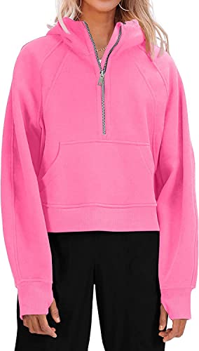 Ebifin Hoodie Damen Kapuzenpullover Half Zip Sweatshirt Langarm Pullover Winter Sweatjacke Kapuzenpullis.Rosa.XL von Ebifin