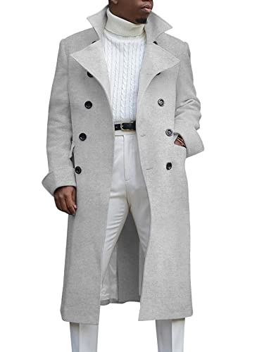 Ebifin Herren Revers zweireihiger langer Trenchcoat Casual Baumwollmischung Peacoat, hellgrau, Small von Ebifin
