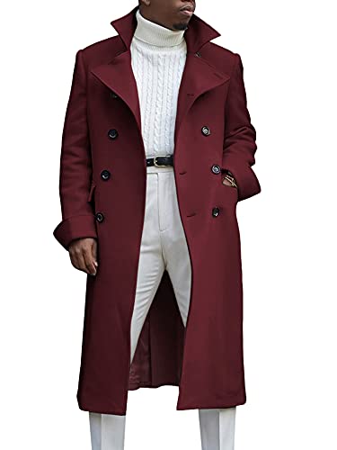 Ebifin Herren Trenchcoat mit Revers, zweireihig, lang, lässig, Baumwollmischung, Peacoat, weinrot, Large von Ebifin