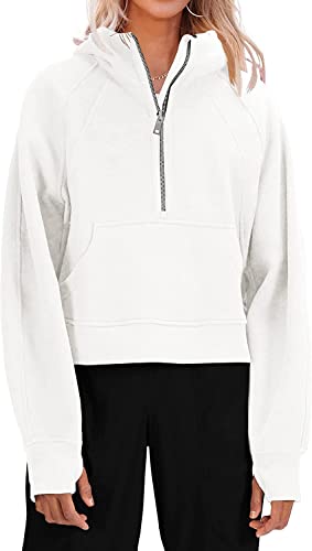 Ebifin Hoodie Damen Kapuzenpullover Half Zip Sweatshirt Langarm Pullover Winter Sweatjacke Kapuzenpullis.Weiß.XL von Ebifin