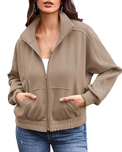 Ebifin Zip Sweatshirt Damen Ohne Kapuze Sweatjacke übergangsjacke Herbst Jacken Sommerjacke mit Tasche.Khaki.S von Ebifin