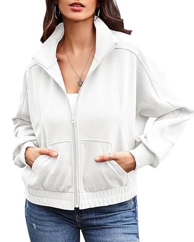 Ebifin Zip Sweatshirt Damen Ohne Kapuze Sweatjacke übergangsjacke Herbst Jacken Sommerjacke mit Tasche.Weiß.XXL von Ebifin