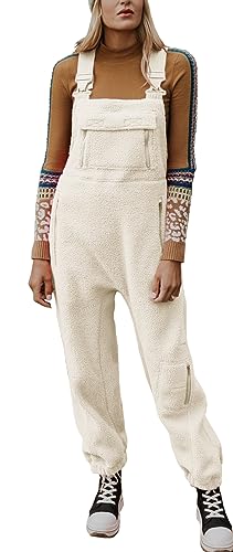 Ebifin Jumpsuits für Damen Lässiger Latzhose Arbeitshose Fleece Warme Overalls Winter Latzhosen mit Taschen.Beige.S von Ebifin