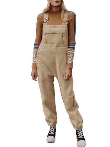 Ebifin Jumpsuits für Damen Lässiger Latzhose Arbeitshose Fleece Warme Overalls Winter Latzhosen mit Taschen.Khaki.L von Ebifin