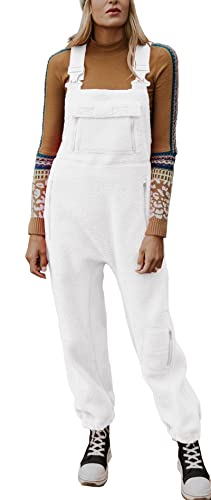 Ebifin Jumpsuits für Damen Lässiger Latzhose Arbeitshose Fleece Warme Overalls Winter Latzhosen mit Taschen.Weiß.L von Ebifin