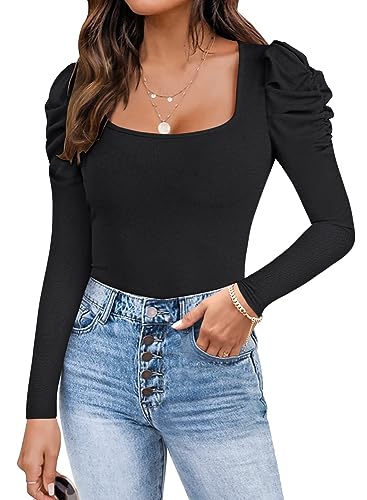 Ebifin Langarm Bodys für Damen Sexy Bodysuit Elegant Bodies Tops Square Neck Oberteil.Schwarz.S von Ebifin