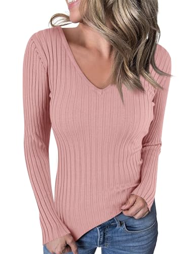 Ebifin Langarmshirt V-Ausschnitt Damen Pullover Casual Sweater Einfabrig Tops Warm Strickpullover Basic Oberteile.Rosa.XS von Ebifin
