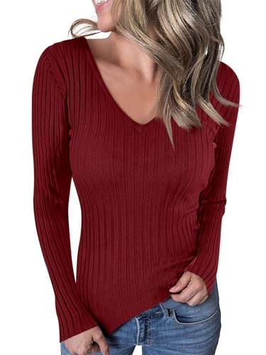 Ebifin Langarmshirt V-Ausschnitt Damen Pullover Casual Sweater Einfabrig Tops Warm Strickpullover Basic Oberteile.Weinrot.L von Ebifin