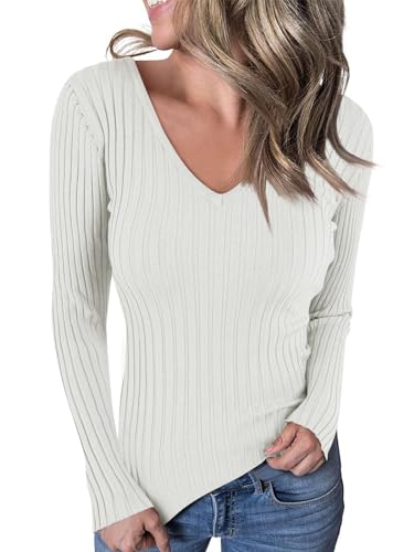 Ebifin Langarmshirt V-Ausschnitt Damen Pullover Casual Sweater Einfabrig Tops Warm Strickpullover Basic Oberteile.Weiß.M von Ebifin