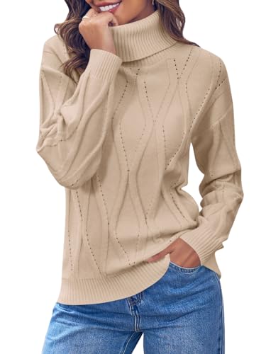 Ebifin Pullover Damen Herbst Rollkragenpullover Cable Knit Langärmeliger Klassischer Elegant Grobstrick Sweater Jumper.Khaki.M von Ebifin