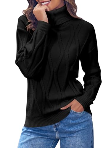 Ebifin Pullover Damen Herbst Rollkragenpullover Cable Knit Langärmeliger Klassischer Elegant Grobstrick Sweater Jumper.Schwarz.L von Ebifin