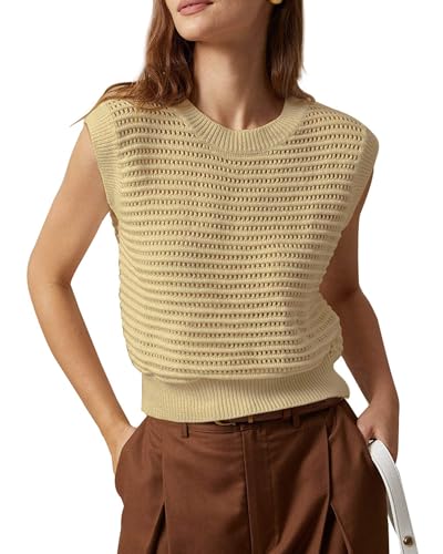 Ebifin Pullover Damen Sommer Strickpullover Elegante Ärmellos Rundhals Pulli Gewinde Sweater Tank Top Oberteil Sweateshirt.Khaki.M von Ebifin