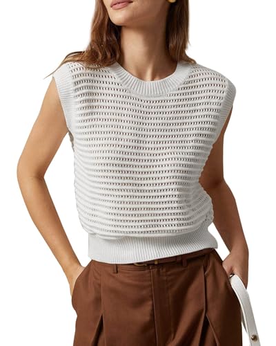 Ebifin Pullover Damen Sommer Strickpullover Elegante Ärmellos Rundhals Pulli Gewinde Sweater Tank Top Oberteil Sweateshirt.Weiß.M von Ebifin