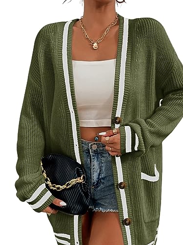 Ebifin Strickjacken Lang Damen Langarm Cardigan Strickcardigan Winter Open Front Sweater mit Knopf V-Ausschnitt. von Ebifin