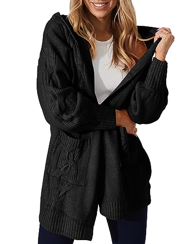 Ebifin Strickjacken Lang Damen mit Kapuzen Grobstrick-Cardigan Strickcardigan Winter Open Front Sweater mit Tasche.Schwarz.M von Ebifin