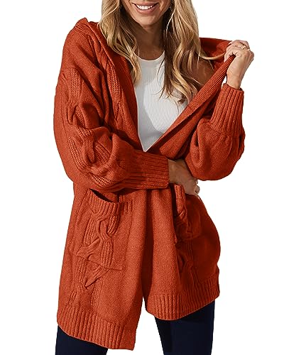 Ebifin Strickjacken Lang Damen mit Kapuzen Grobstrick-Cardigan Strickcardigan Winter Open Front Sweater mit Tasche.Ziegelrot.S von Ebifin