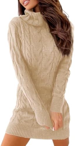 Ebifin Strickkleid Damen Rollkragen Strickpullover Elegant Jumper Kleid Pullikleid Winterkleid Stretch Sweater Dress.Aprikose.XL von Ebifin