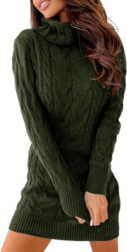 Ebifin Strickkleid Damen Rollkragen Strickpullover Elegant Jumper Kleid Pullikleid Winterkleid Stretch Sweater Dress.Armee-Grün.M von Ebifin