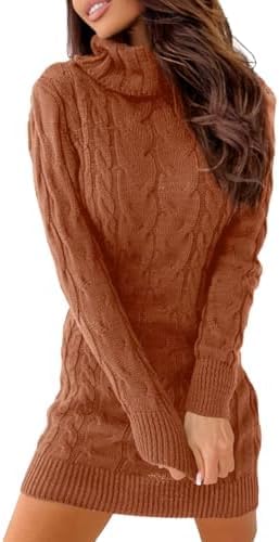 Ebifin Strickkleid Damen Rollkragen Strickpullover Elegant Jumper Kleid Pullikleid Winterkleid Stretch Sweater Dress.Braun.L von Ebifin