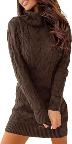 Ebifin Strickkleid Damen Rollkragen Strickpullover Elegant Jumper Kleid Pullikleid Winterkleid Stretch Sweater Dress.Kaffee.S von Ebifin
