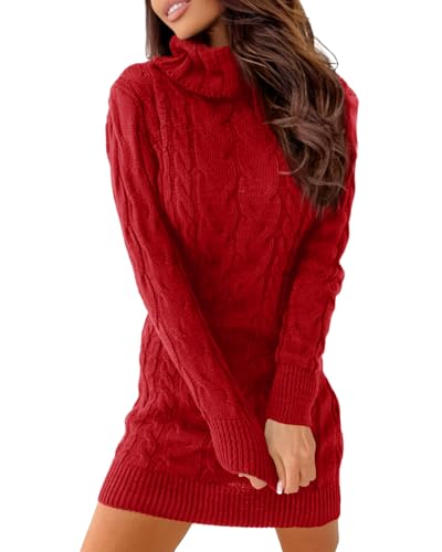 Ebifin Strickkleid Damen Rollkragen Strickpullover Elegant Jumper Kleid Pullikleid Winterkleid Stretch Sweater Dress.Rot.L von Ebifin