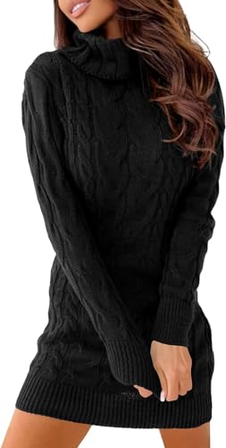 Ebifin Strickkleid Damen Rollkragen Strickpullover Elegant Jumper Kleid Pullikleid Winterkleid Stretch Sweater Dress.Schwarz.M von Ebifin