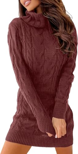 Ebifin Strickkleid Damen Rollkragen Strickpullover Elegant Jumper Kleid Pullikleid Winterkleid Stretch Sweater Dress.Ziegelrot.XL von Ebifin
