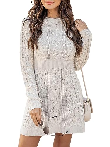 Ebifin Strickkleid Damen Rundhals Strickpullover Kleid Elegant Tunika Pullikleid Winterkleid Sweater A-Linie Minikleid.Beige.L von Ebifin