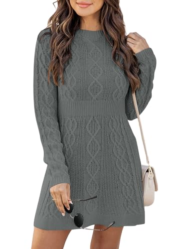 Ebifin Strickkleid Damen Rundhals Strickpullover Kleid Elegant Tunika Pullikleid Winterkleid Sweater A-Linie Minikleid.Dunkelgrau.L von Ebifin