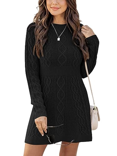 Ebifin Strickkleid Damen Rundhals Strickpullover Kleid Elegant Tunika Pullikleid Winterkleid Sweater A-Linie Minikleid.Schwarz.XS von Ebifin