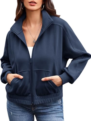 Ebifin Zip Sweatshirt Damen Ohne Kapuze Sweatjacke übergangsjacke Herbst Jacken Sommerjacke mit Tasche.Marineblau.M von Ebifin