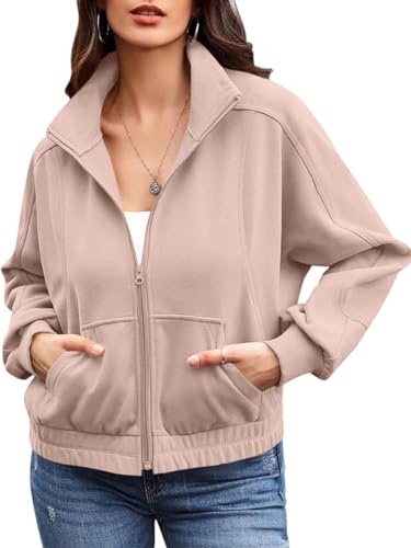 Ebifin Zip Sweatshirt Damen Ohne Kapuze Sweatjacke übergangsjacke Herbst Jacken Sommerjacke mit Tasche.Rosa.XL von Ebifin