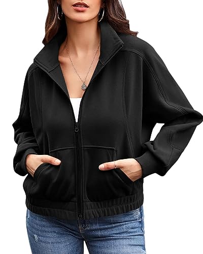 Ebifin Zip Sweatshirt Damen Ohne Kapuze Sweatjacke übergangsjacke Herbst Jacken Sommerjacke mit Tasche.Schwarz.S von Ebifin