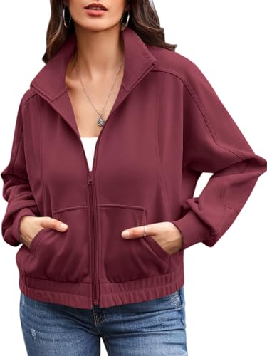 Ebifin Zip Sweatshirt Damen Ohne Kapuze Sweatjacke übergangsjacke Herbst Jacken Sommerjacke mit Tasche.Weinrot.L von Ebifin