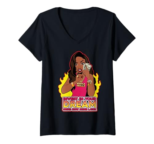Damen Investieren Sie jetzt in Ihren Traummahlen Shime später Melanin Queen T-Shirt mit V-Ausschnitt von Ebony Fuller Shopp