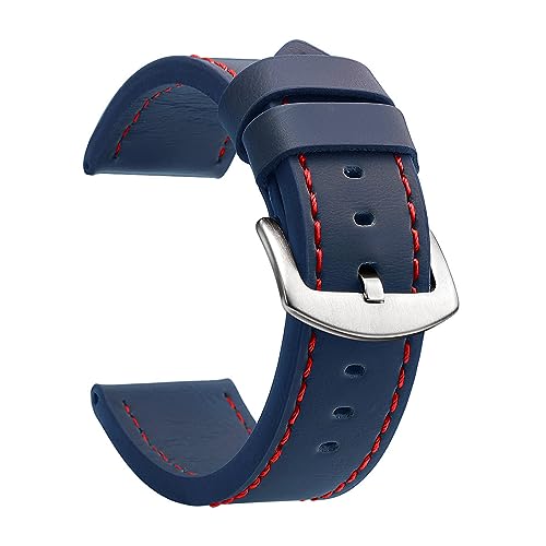EcLusE Vintage-Uhrenarmband aus Leder mit Edelstahlschnalle, Schnellverschluss-Ersatzarmband für Damen und Herren, Blau Rot Silber, 18 mm EcLusE Vintage-Uhrenarmband aus Leder mit Edelstahlschnalle, Schnellverschluss-Ersatzarmband für Damen und Herren, Blau Rot Silber, 18 mm von EcLusE