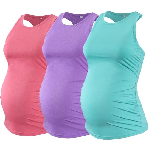 Ecavus 3-teiliges Schwangerschafts-Tank-Top, ärmellos, Racerback, Sport-Top, Schwangerschaft, athletisch, Yoga, Kleidung für Frauen, Rot, Lila, Grün, Mittel von Ecavus